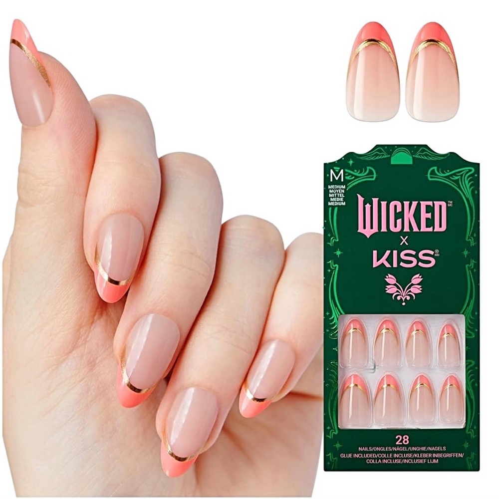 WICKED X KISS Press On Nails Almond, 'Glamorous Gal', Pink, Medium,